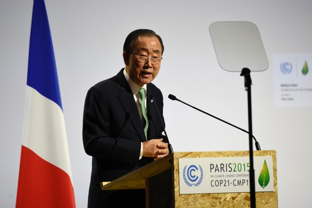 United Nations Secretary General Ban Ki-moon delivers a speech at the COP21, United Nations Climate Change Conference, in Le Bourget, outside Paris, Monday, Nov. 30, 2015. (Eric Feferberg/Pool Photo via AP)