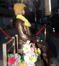 A statue of a young girl, symbolizing the victims of Japan's sexual enslavement, is seen in this photo taken on Dec. 28, 2015. The statue, set up in front of the Japanese embassy in Seoul, has become an issue in the agreement announced on the day by South Korea and Japan to end their confrontation over "comfort women." Japan is pressing for it to be relocated elsewhere, and South Korea said it will take into account Japan's concerns and try to solve the situation in an appropriate manner. (Yonhap)