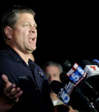 San Bernardino Police Lt. Mike Madden who was one one of the first officers on scene describes his experience during a press conference near the site of yesterday's mass shooting on Thursday, Dec. 3, 2015 in San Bernardino, Calif. A husband and wife on Wednesday, dressed for battle and carrying assault rifles and handguns, opened fire on a holiday banquet for his co-workers, killing at least 14 people and seriously wounding more than a dozen others in a precision assault, authorities said. Hours later, the couple died in a shootout with police. (AP Photo/Chris Carlson)