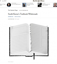 (Screenshot of a New York Times opinion piece critiquing the South Korean government's efforts to rewrite history textbooks)