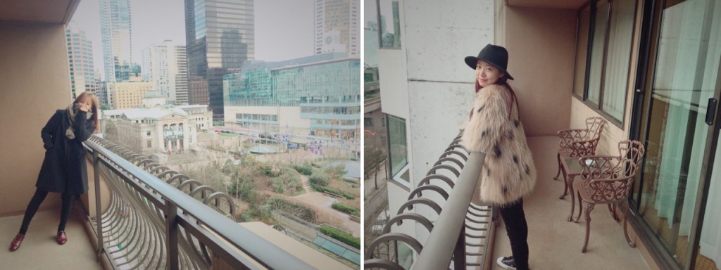 Chorong, left, and Namjoo pose for photo on the balcony of their hotel rooms in Canada. (Courtesy of Acube Entertainment)