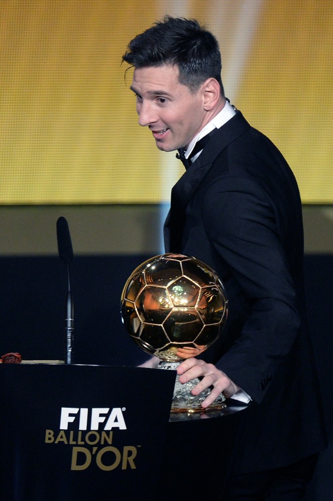 Argentina's Lionel Messi delivers a speech after winning the FIFA Men's soccer player of the year 2015 prize during the FIFA Ballon d'Or awarding ceremony at the Kongresshaus in Zurich, Switzerland, Monday, January 11, 2016. (Walter Bieri/KEYSTONE via AP))