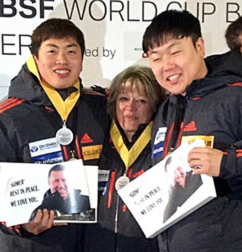 Won, left, and Seo dedicated their historic victory to late national team coach Malcolm Lloyd, who passed away earlier this month. (Photo released by the Korea Bobsleigh & Skeleton Federation / Yonhap)