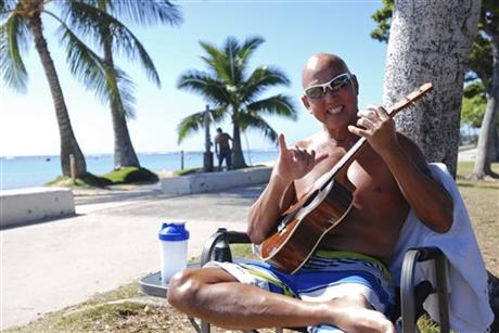 In this photo taken Tuesday Jan. 26, 2016, Kent Terada shows the shaka or "hang loose" sign while sitting at Ala Moana Beach Park in Honolulu. A new study looking at the five elements of a well ordered life, such as financial security, sense of community and purpose, ranks Hawaii just ahead of Alaska. (AP Photo/Audrey McAvoy)