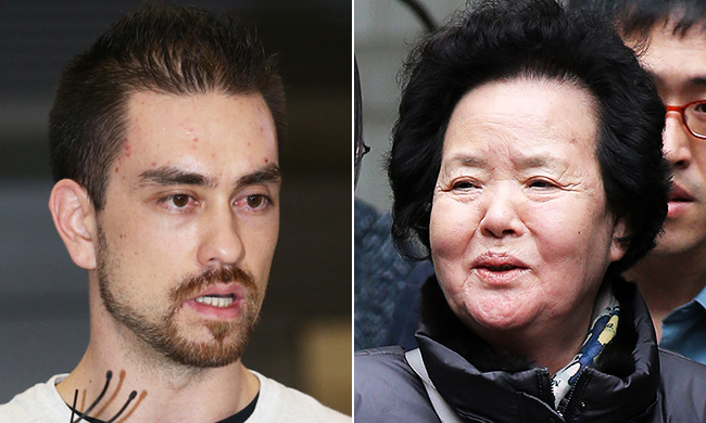 Arthur John Patterson, left, was sentenced Friday to 20 years in prison for stabbing to death Korean student Cho Joong-pil at a Burger King restaurant in 1997. Lee Bok-su, the mother of Cho, a victim of the "Itaewon murder," speaks at the Seoul Central District Court after it found Patterson guilty of the crime. (Yonhap)