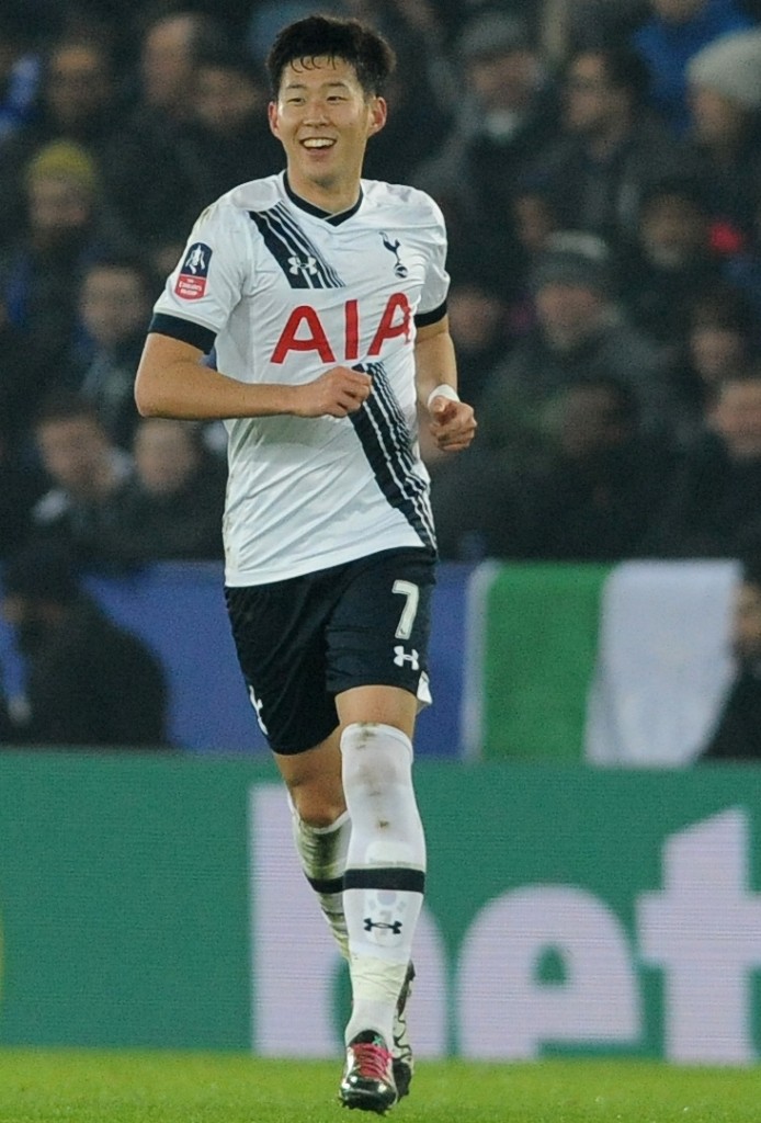 Tottenham’s Son Heung-Min after scoring during the English FA Cup third round soccer match between Leicester City and Tottenham Hotspur at the King Power Stadium in Leicester, England, Wednesday, Jan. 20, 2016. (AP Photo/Rui Vieira)