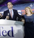 Republican presidential candidate, Sen. Ted Cruz, R-Texas, arrives for a caucus night rally with his wife Heidi, and daughter Caroline, 7, Monday, Feb. 1, 2016, in Des Moines, Iowa. (AP Photo/Charlie Neibergall)