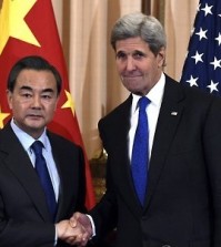 Secretary of State John Kerry, right, shakes hands with Chinese Foreign Minister Wang Yi, left, at the State Department in Washington, Tuesday, Feb. 23, 2016. (AP Photo/Susan Walsh)