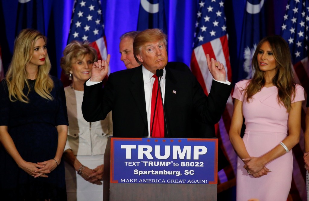 Republican presidential candidate Donald Trump speaks during a South Carolina Republican primary night event, Saturday, Feb. 20, 2016 in Spartanburg, S.C. (AP Photo/Paul Sancya)