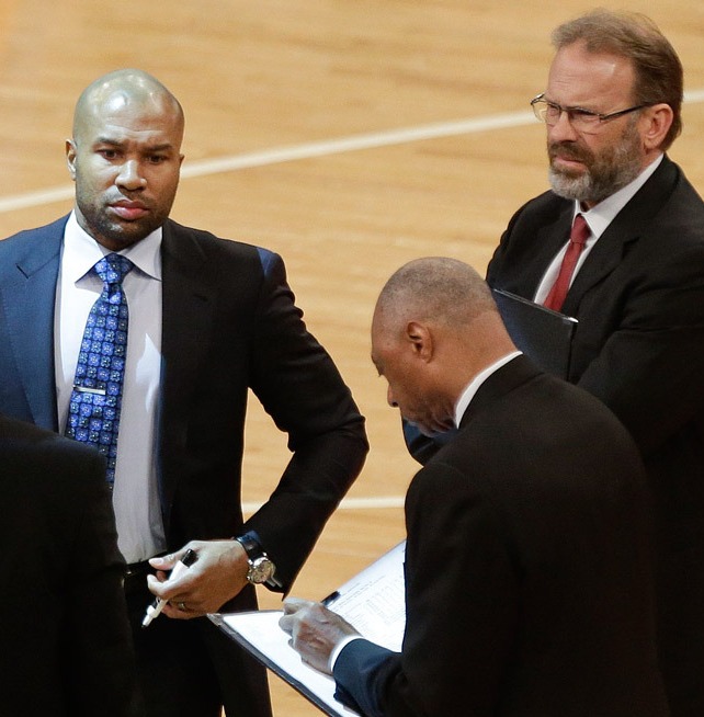 Derek Fisher, left, has been replaced by Kurt Rambis, right, as the head coach of the New York Knicks. (AP, file)