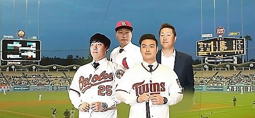 Clockwise from top left: Oh Seung-hwan of the St. Louis Cardinals, Lee Dae-ho of the Seattle Mariners, Park Byung-ho of the Minnesota Twins and Kim Hyun-soo of the Baltimore Orioles will try to win major league jobs for the first time this spring training. (Yonhap)