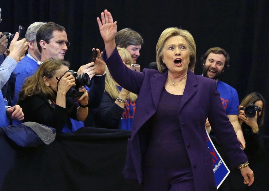 Democratic presidential candidate Hillary Clinton waves as she arrives at a campaign event, Tuesday, Feb. 2, 2016, in Nashua, N.H. (AP Photo/Elise Amendola)