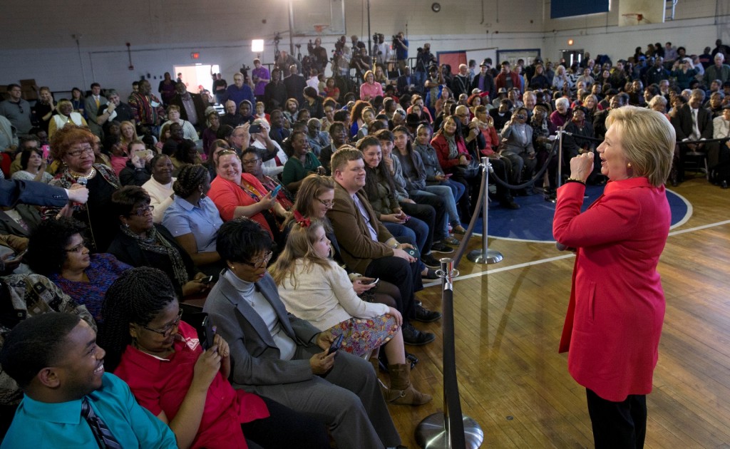 Democratic presidential candidate Hillary Clinton answers a questions during a town hall meeting at Denmark Olar Elementary School in Denmark, S.C., Friday Feb. 12, 2016. (AP Photo/Jacquelyn Martin)