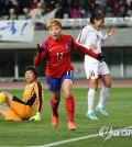 South Korean forward Jung Seol-bin (C) celebrates after scoring a goal against North Korea during the Asian women's Olympic football qualifying match at Yanmar Stadium Nagai in Osaka, Japan on Feb. 29, 2016. (Yonhap)