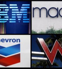 This combination of file photos shows logos for IBM, Macy's, Chevron and Starwood Hotels and Resorts group's W Hotel Hollywood. Big companies have lost billions buying their own shares. Nearly half the companies in the Standard and Poor’s 500 index paid more for their shares in the past three years than they are worth, according to analysis by The Associated Press. Retailer Macy’s is down $1.4 billion on its purchases, a 24 percent loss. As the price of oil plunged, driller Chevron lost $3.3 billion betting on its stock, a 33 percent loss. Starwood Hotels & Resorts Worldwide has lost hundreds of millions on buybacks, more than a fifth of what it spent. IBM has the biggest losses from buybacks, down $5.5 billion. (AP Photo)