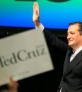 Republican presidential candidate, Sen. Ted Cruz, R-Texas waves to the crowd at the GOP caucus in Wichita, Kan., Saturday, March 5, 2016. (AP Photo/Orlin Wagner)