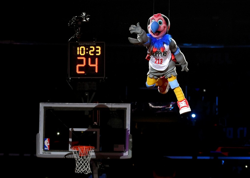 Los Angeles Clippers new mascot, a California Condor named Chuck, comes down from the rafters after being introduced during halftime of an NBA basketball game between the Clippers and the Brooklyn Nets, Monday, Feb. 29, 2016, in Los Angeles. (AP Photo/Mark J. Terrill)