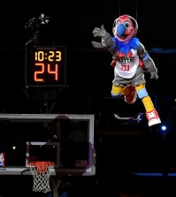 Los Angeles Clippers new mascot, a California Condor named Chuck, comes down from the rafters after being introduced during halftime of an NBA basketball game between the Clippers and the Brooklyn Nets, Monday, Feb. 29, 2016, in Los Angeles. (AP Photo/Mark J. Terrill)