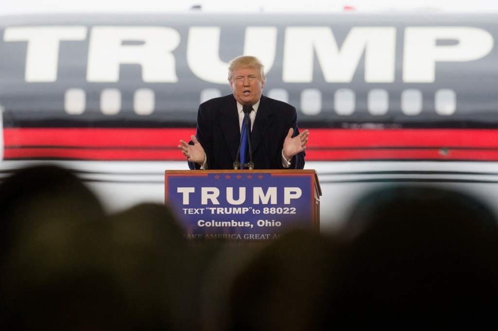 Republican presidential candidate Donald Trump speaks during a campaign stop at the Signature Flight Hangar at Port-Columbus International Airport, Tuesday, March 1, 2016, in Columbus, Ohio. (AP Photo/John Minchillo)