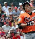 Baltimore Orioles' Kim Hyun-soo gestures after being called out on first base during a spring training game against the Minnesota Twins in Fort Myers, Fla., Saturday. Kim went 0 for 4. (Yonhap)