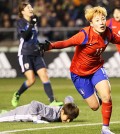 South Korean foward Jung Sul-bin celebrates after scoring the equalizer against Japan in the 86th minute during the Asian women's Olympic football qualifying match at Yanmar Stadium Nagai in Osaka, Japan, Wednesday. The match ended in a 1-1 draw. (Yonhap)