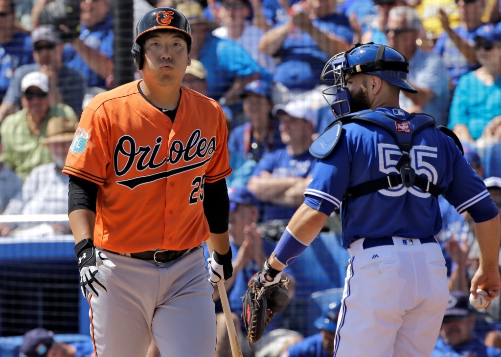 Baltimore Orioles' Kim Hyun-soo, of South Korea, reacts after getting called out on strikes as Toronto Blue Jays' Jesse Chavez get set to toss the ball to the pitcher during the first inning of a spring training baseball game Tuesday, March 15, 2016, in Dunedin, Fla. Catching for the Blue Jays is Russell Martin (55). (AP Photo/Chris O'Meara)