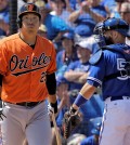 Baltimore Orioles' Kim Hyun-soo, of South Korea, reacts after getting called out on strikes as Toronto Blue Jays' Jesse Chavez get set to toss the ball to the pitcher during the first inning of a spring training baseball game Tuesday, March 15, 2016, in Dunedin, Fla. Catching for the Blue Jays is Russell Martin (55). (AP Photo/Chris O'Meara)
