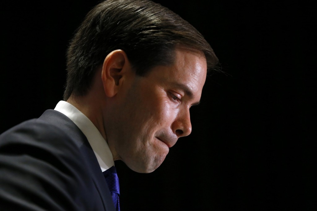 Republican presidential candidate Sen. Marco Rubio, R-Fla., speaks during a Republican primary night celebration rally at Florida International University in Miami, Fla., Tuesday, March 15, 2016. Rubio is ending his campaign for the Republican nomination for president after a humiliating loss in his home state of Florida. (AP Photo/Paul Sancya)