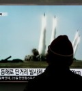 A man watches a TV screen showing a file footage of the missile launch conducted by North Korea, at Seoul Railway Station in Seoul, South Korea, Monday, March 21, 2016. North Korea fired short-range projectiles into the sea on Monday, Seoul officials said, in a continuation of weapon launches it has carried out in an apparent response to ongoing South Korea-U.S. military drills it sees as a provocation. (AP Photo/Lee Jin-man)