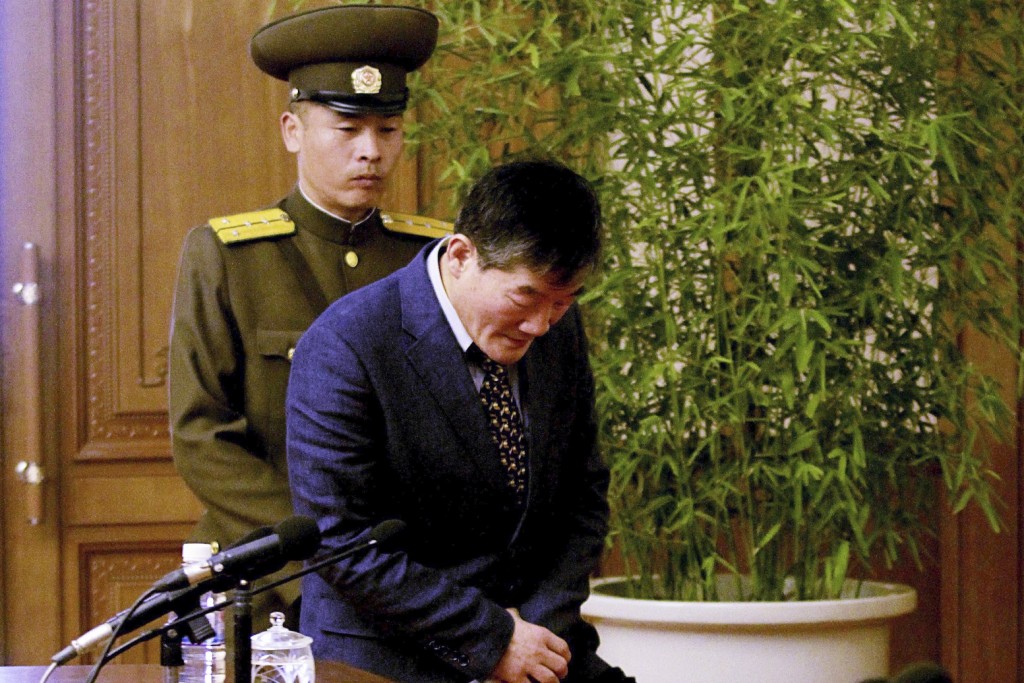 Kim Tong Chol, a U.S. citizen detained in North Korea, is presented to reporters in Pyongyang, North Korea on Friday, March 25, 2016. North Korea presented another American detainee before the media on Friday, nine days after it sentenced a U.S. tourist to 15 years in prison with hard labor for subversion. Kim told in Pyongyang that he had collaborated with and spied for South Korean intelligence authorities in a plot to bring down the North's leadership and tried to spread religious ideas among North Koreans. (AP Photo/Kim Kwang Hyon)
