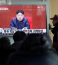 People watch a TV news program showing North Korean leader Kim Jong Un, at Seoul Railway Station in Seoul, South Korea, Thursday, March 3, 2016. North Korea fired several short-range projectiles into the sea off its east coast Thursday, Seoul officials said, just hours after the U.N. Security Council approved the toughest sanctions on Pyongyang in two decades for its recent nuclear test and long-range rocket launch. The screen reads "Sanction on the North Korea." (AP Photo/Ahn Young-joon)