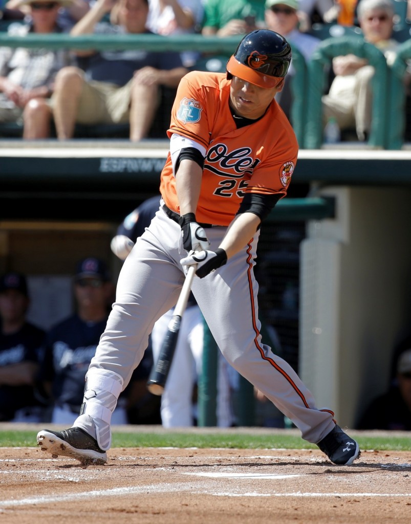 Baltimore Orioles' Hyun Soo Kim swings at a pitch in the first inning of a spring training baseball game against the Atlanta Braves, Tuesday, March 1, 2016, in Kissimmee, Fla. (AP Photo/John Raoux)