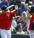 Minnesota Twins' Byung Ho Park, left, of South Korea, high-fives teammate John Ryan Murphy after hitting a solo home run in the fourth inning of a spring training interleague baseball game against the Miami Marlins in Fort Myers, Fla., Friday, March 11, 2016. (AP Photo/Patrick Semansky)