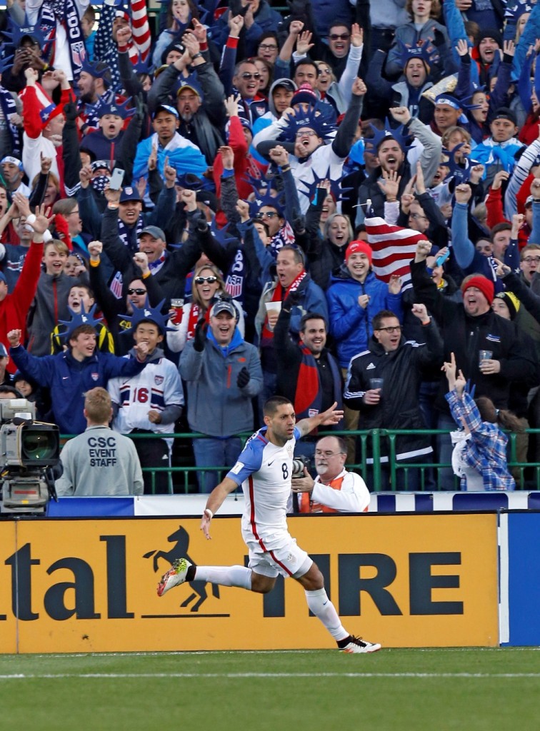 United States' Clint Dempsey celebrates his goal against Guatemala during the first half of a World Cup qualifying soccer match Tuesday, March 29, 2016, in Columbus, Ohio. (AP Photo/Jay LaPrete)