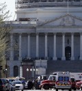 Law Enforcement and rescue vehicles are seen on Capitol Hill in Washington, Monday, March 28, 2016, after a U.S. Capitol Police officer was shot at the Capitol Visitor Center complex, and the shooter was taken into custody. (AP Photo/Alex Brandon)