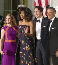 President Barack Obama and first lady Michelle Obama greet Canadian Prime Minister Justin Trudeau and Sophie Grégoire Trudeau at the North Portico of the White House in Washington, Thursday, March 10, 2016, for a state dinner.   (AP Photo/J. Scott Applewhite)