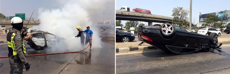 Fire fighters extinguish a burning car that was slammed into by a black Mercedes killing it's two occupants on a Thai highway on March 13, 2016. The smaller car burst into flames and the couple inside, both graduate students in their 30s, died at the scene of the accident. (Senior Sergeant Major Parichart Pangrith via AP)