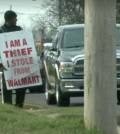 A judge gave this man  sentencing option of 30 days in jail or wearing a sign saying, "I am a thief. I stole from WalMart." He chose to wear the sign in front of the store eight hours a day for 10 days. (WKBN news screen capture)