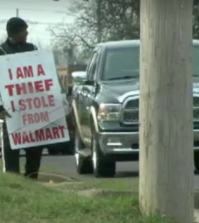 A judge gave this man  sentencing option of 30 days in jail or wearing a sign saying, "I am a thief. I stole from WalMart." He chose to wear the sign in front of the store eight hours a day for 10 days. (WKBN news screen capture)
