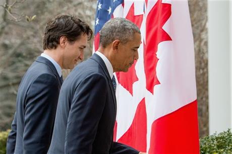 President Barack Obama and Canadian Prime Minister Justin Trudeau depart from a bilateral news conference in the Rose Garden of the White House in Washington, Thursday, March 10, 2016. (AP Photo/Andrew Harnik)