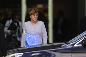 German Chancellor Angela Merkel waits to welcome European Council President Donald Tusk for talks at the chancellery in Berlin, Monday, June 27, 2016. 