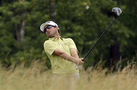 Andrew Landry watches his tee shot fourth tee during the first round of the U.S. Open golf championship at Oakmont Country Club on Thursday, June 16, 2016, in Oakmont, Pa.