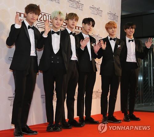 BTS shows up at a year-end music event held in western Seoul on Dec. 30, 2015. 
