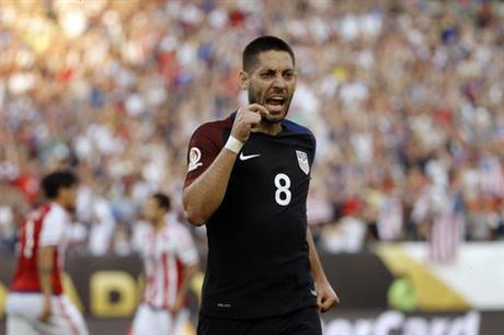 United States' Clint Dempsey (8) reacts after scoring against Paraguay during the first half of a Copa America Group A soccer match Saturday, June 11, 2016, in Philadelphia.