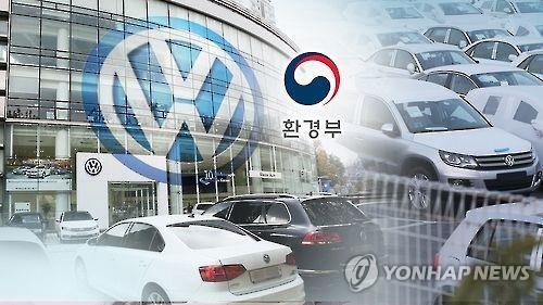 This graphic, provided by Yonhap News TV, shows logos of the Ministry of Environment and Volkswagen, and the German automaker's vehicles and a dealership.