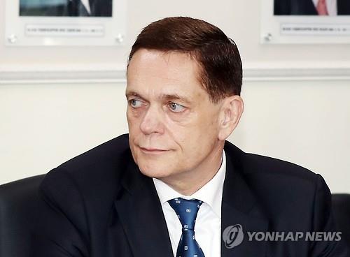 Johannes Thammer, CEO of Audi Volkswagen Korea, attends a public hearing on the carmaker's emissions scandal at the National Institute of Environmental Research in Incheon, west of Seoul, on July 25, 2016. 