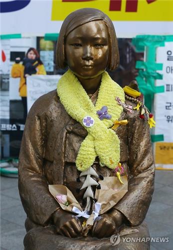 This file photo shows a statue of a girl in front of the Japanese Embassy in Seoul which symbolizes the Korean women sexually enslaved at a young age by Japanese forces.