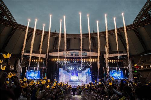 This photo, released by YG Entertainment, shows BigBang staging a special concert to celebrate its 10th anniversary at Sangam World Cup Stadium in northwestern Seoul on Aug. 20, 2016.