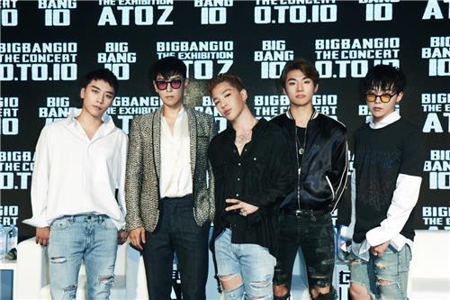 From L: BigBang members Seungri, T.O.P, Taeyang, Daesung and G-Dragon attend the press conference to celebrate their 10th anniversary in S Factory, eastern Seoul, on Aug. 4, 2016.