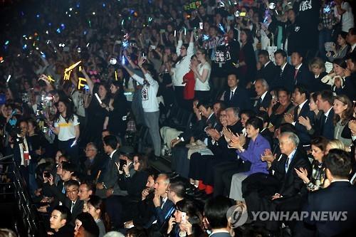 South Korean President Park Geun-hye attends a K-pop concert in the French leg of the "KCON 2016," the world's largest K-pop and entertainment festival, in Paris on June 2, 2016.